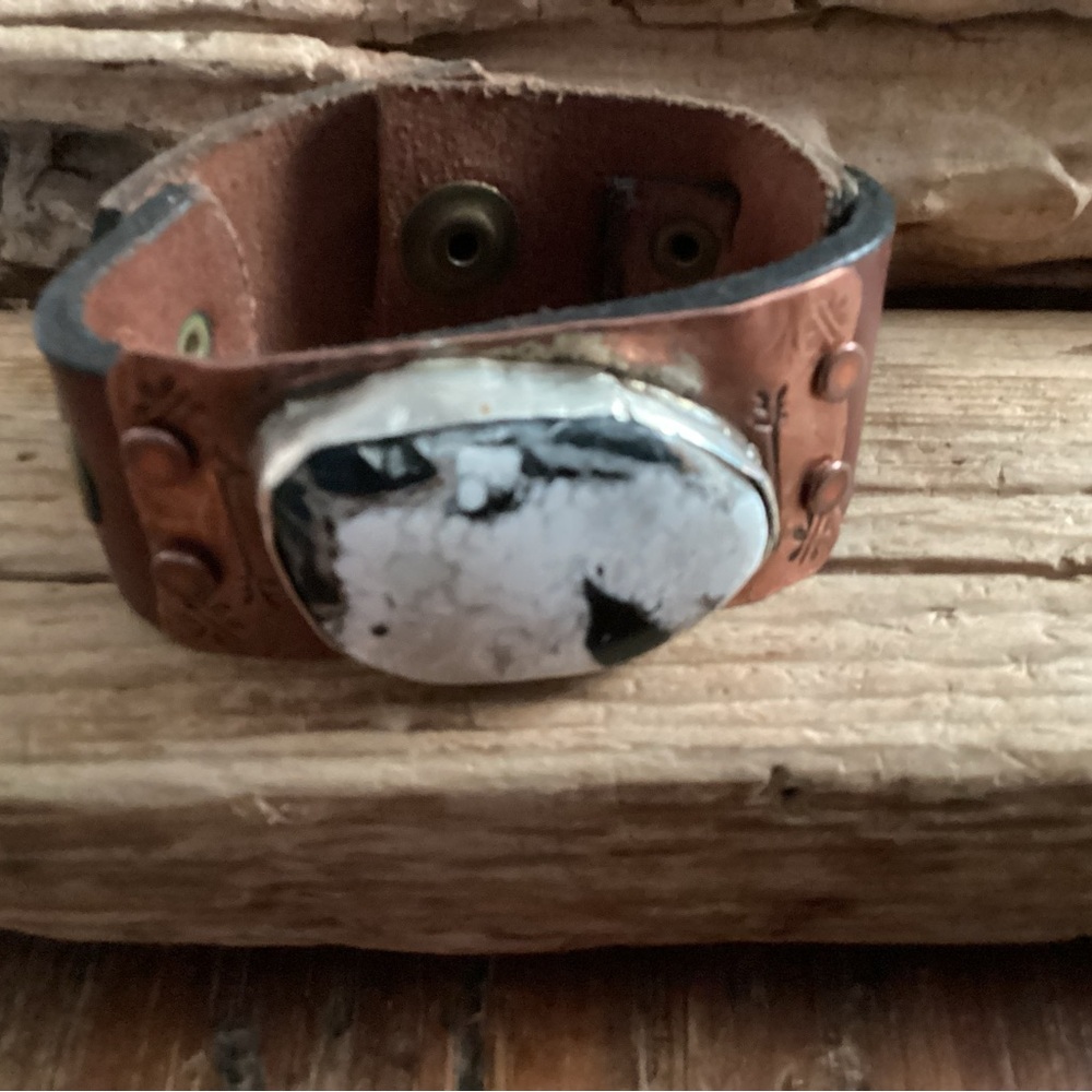 Copper, Sterling Silver and Leather Bracelet